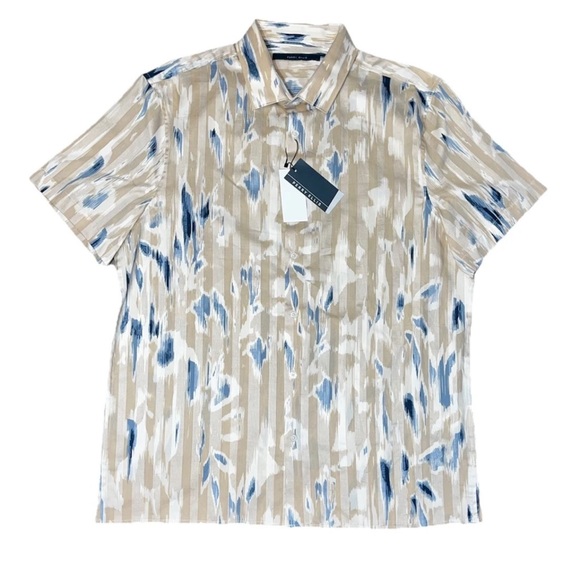 Perry Ellis Beige Blue Tan Short Sleeve Collar Button Dress Shirt NWT Large - Picture 1 of 6